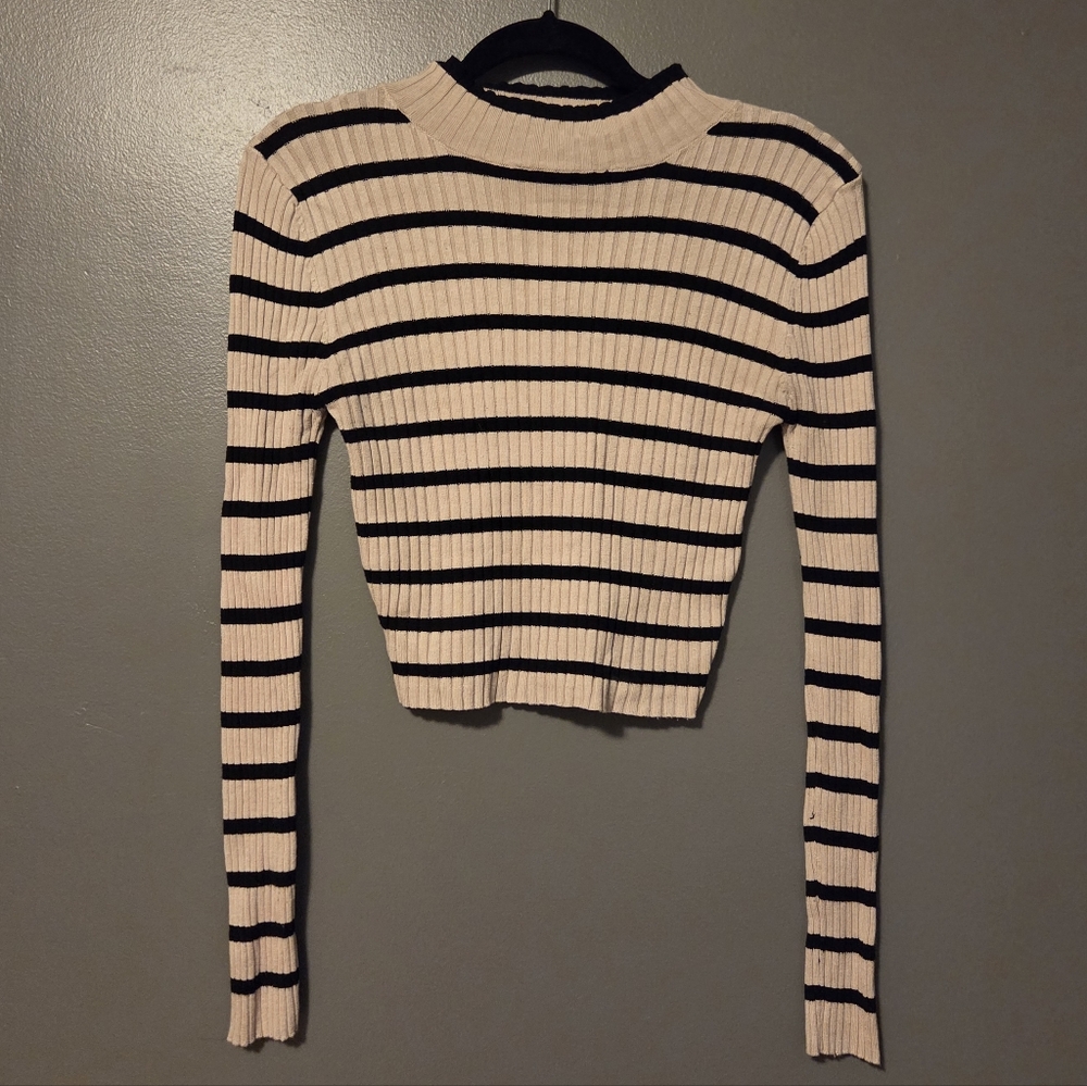 Streetwear Society Black and Cream Striped Crop Top